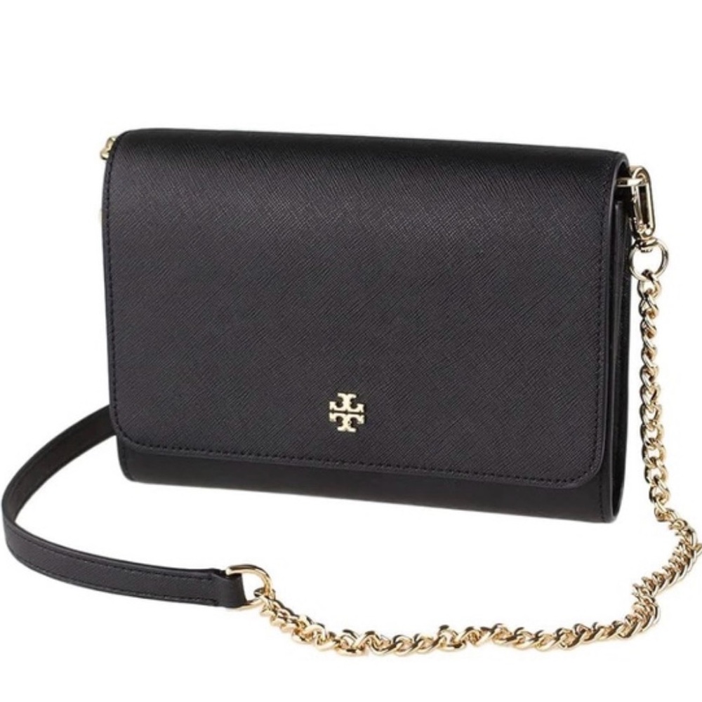 Tory Burch Black Saffiano Leather Chain Crossbody Wallet Bag Purse